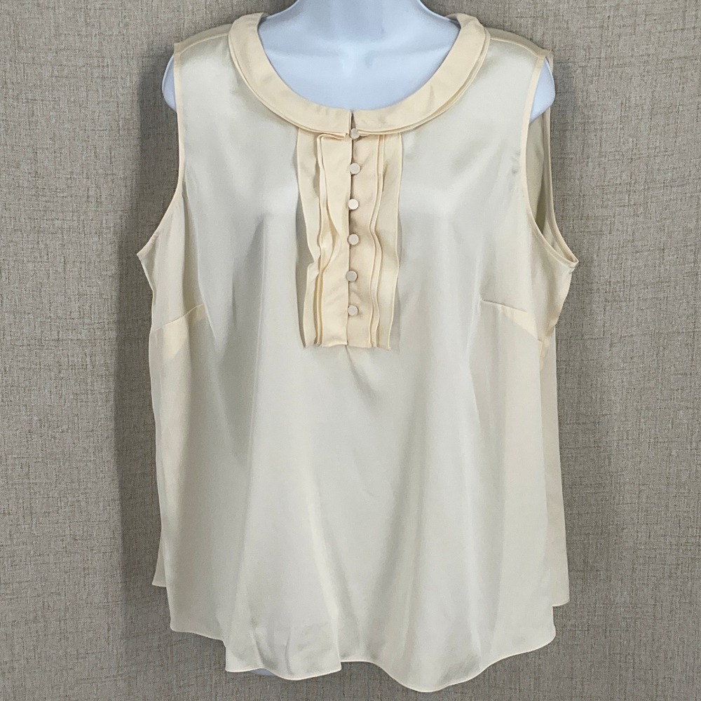 Talbots Blouse Women 14W Ivory Silk Blend Ruffle Button Front Sleeveless Classic